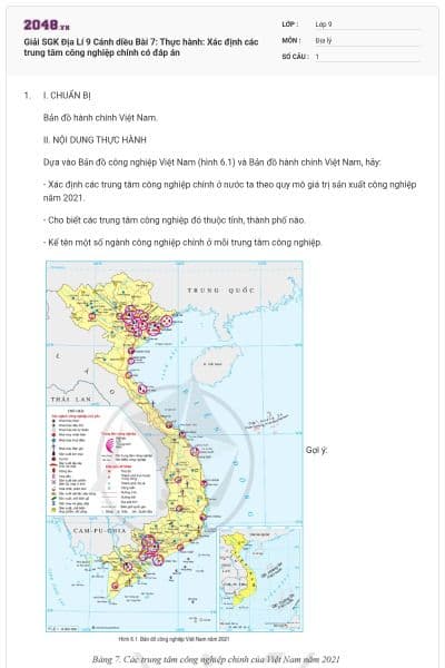 Giải SGK Địa Lí 9 Cánh diều Bài 7: Thực hành: Xác định các trung tâm công nghiệp chính có đáp án