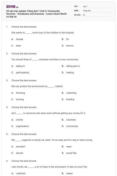 20 câu trắc nghiệm Tiếng Anh 7 Unit 4: Community Services - Vocabulary and Grammar - iLearn Smart World có đáp án