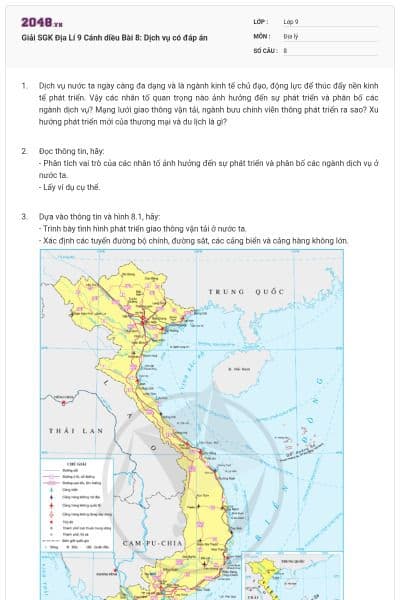 Giải SGK Địa Lí 9 Cánh diều Bài 8: Dịch vụ có đáp án