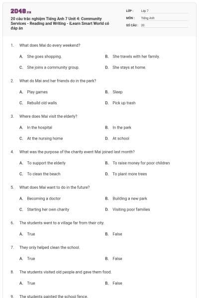 20 câu trắc nghiệm Tiếng Anh 7 Unit 4: Community Services - Reading and Writing - iLearn Smart World có đáp án