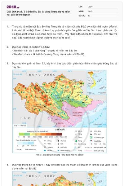 Giải SGK Địa Lí 9 Cánh diều Bài 9: Vùng Trung du và miền núi Bắc Bộ có đáp án