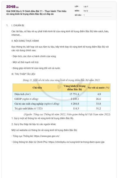 Giải SGK Địa Lí 9 Cánh diều Bài 11 - Thực hành: Tìm hiểu về vùng kinh tế trọng điểm Bắc Bộ có đáp án