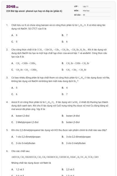 224 Bài tập ancol- phenol cực hay có đáp án (phần 6)