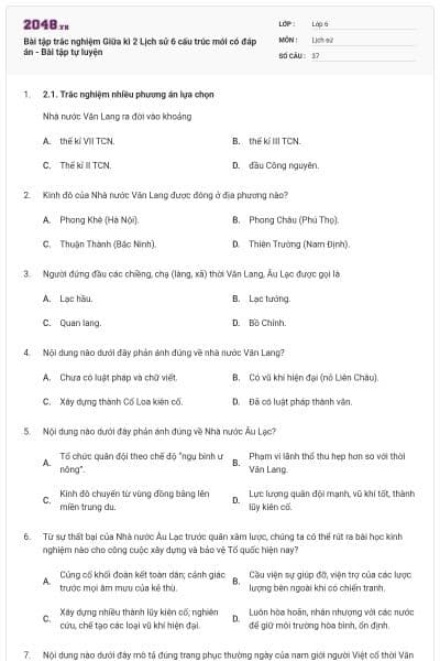 Bài tập trắc nghiệm Giữa kì 2 Lịch sử 6 cấu trúc mới có đáp án - Bài tập tự luyện
