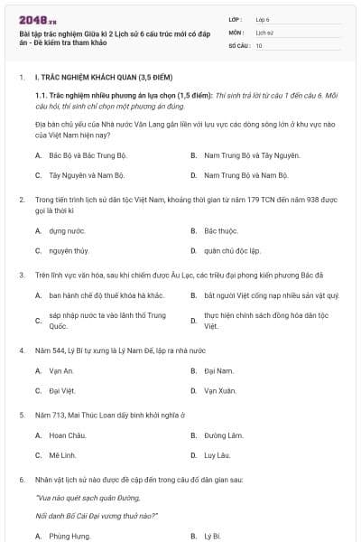 Bài tập trắc nghiệm Giữa kì 2 Lịch sử 6 cấu trúc mới có đáp án - Đề kiểm tra tham khảo