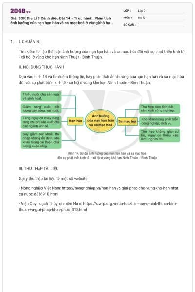 Giải SGK Địa Lí 9 Cánh diều Bài 14 - Thực hành: Phân tích ảnh hưởng của nạn hạn hán và sa mạc hoá ở vùng khô hạn Ninh Thuận - Bình Thuận có đáp án
