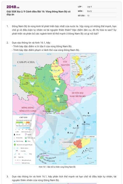 Giải SGK Địa Lí 9 Cánh diều Bài 16: Vùng Đông Nam Bộ có đáp án