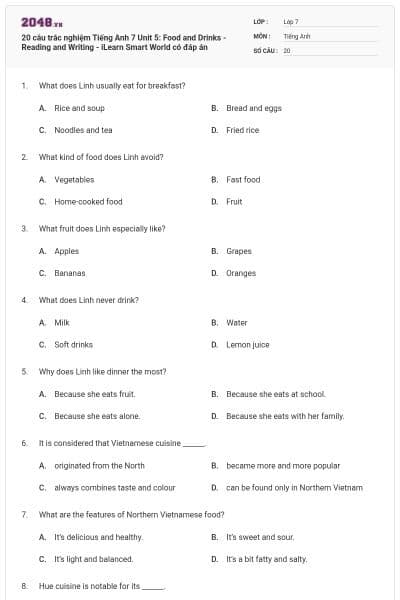 20 câu trắc nghiệm Tiếng Anh 7 Unit 5: Food and Drinks - Reading and Writing - iLearn Smart World có đáp án