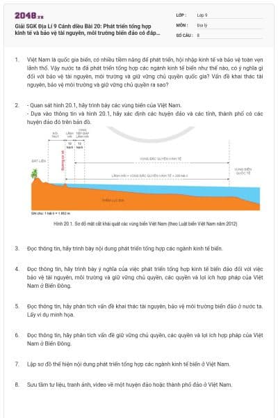 Giải SGK Địa Lí 9 Cánh diều Bài 20: Phát triển tổng hợp kinh tế và bảo vệ tài nguyên, môi trường biển đảo có đáp án
