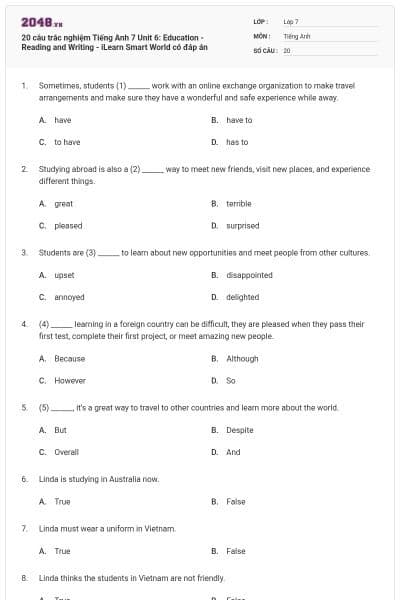 20 câu trắc nghiệm Tiếng Anh 7 Unit 6: Education - Reading and Writing - iLearn Smart World có đáp án