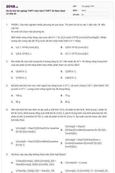 Đề thi thử tốt nghiệp THPT môn Vật lí THPT Sở Nam Định có đáp án