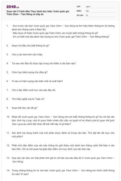 Soạn văn 9 Cánh diều Thực hành đọc hiểu: Vườn quốc gia Tràm Chim – Tam Nông có đáp án