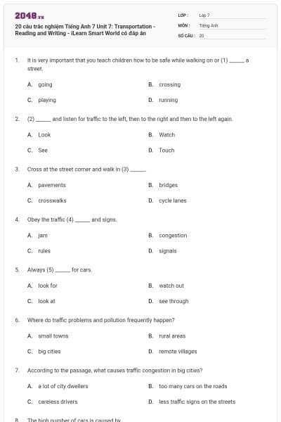20 câu trắc nghiệm Tiếng Anh 7 Unit 7: Transportation - Reading and Writing - iLearn Smart World có đáp án