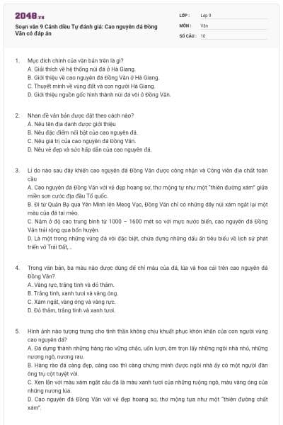 Soạn văn 9 Cánh diều Tự đánh giá: Cao nguyên đá Đồng Văn có đáp án