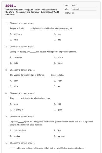20 câu trắc nghiệm Tiếng Anh 7 Unit 8: Festivals around the World - Vocabulary and Grammar - iLearn Smart World có đáp án