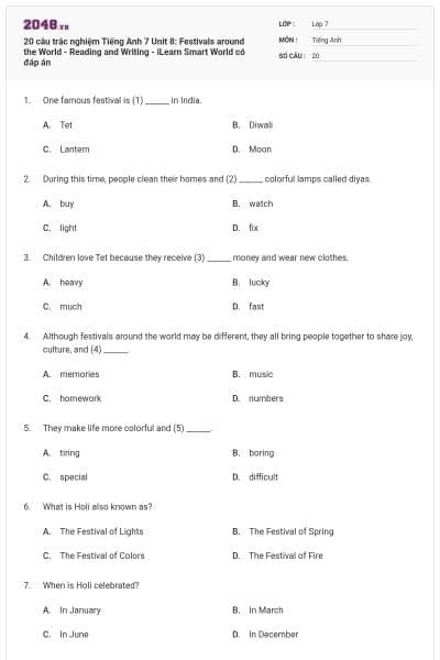 20 câu trắc nghiệm Tiếng Anh 7 Unit 8: Festivals around the World - Reading and Writing - iLearn Smart World có đáp án