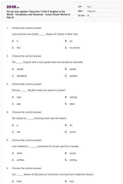 20 câu trắc nghiệm Tiếng Anh 7 Unit 9: English in the World - Vocabulary and Grammar - iLearn Smart World có đáp án