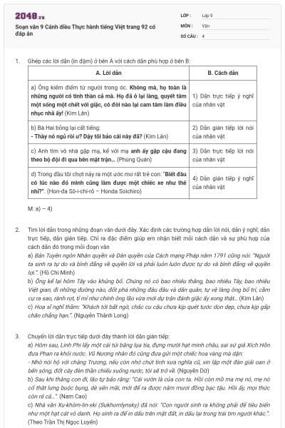 Soạn văn 9 Cánh diều Thực hành tiếng Việt trang 92 có đáp án