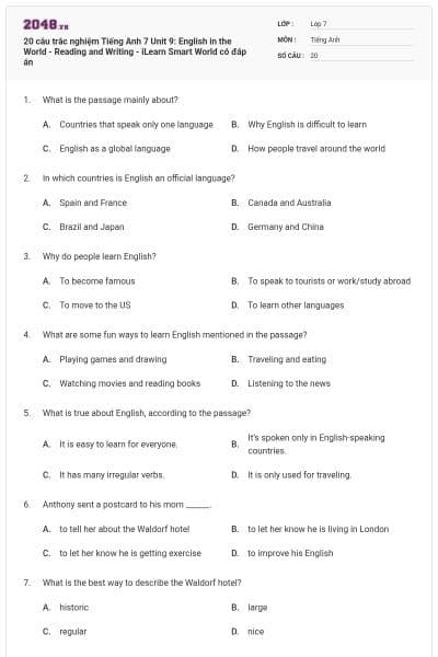 20 câu trắc nghiệm Tiếng Anh 7 Unit 9: English in the World - Reading and Writing - iLearn Smart World có đáp án