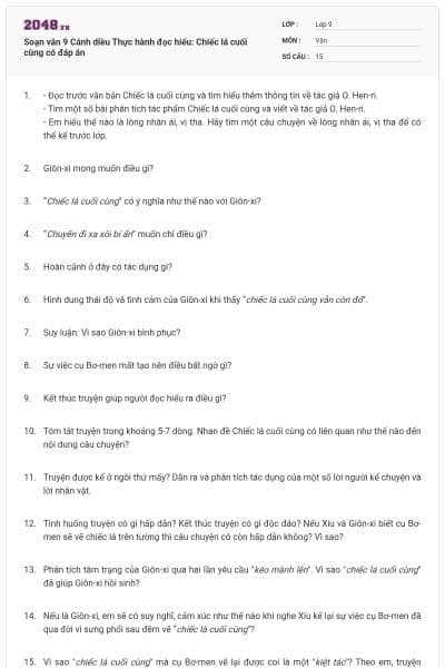 Soạn văn 9 Cánh diều Thực hành đọc hiểu: Chiếc lá cuối cùng có đáp án