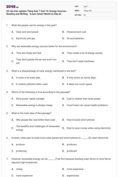 20 câu trắc nghiệm Tiếng Anh 7 Unit 10: Energy Sources - Reading and Writing - iLearn Smart World có đáp án