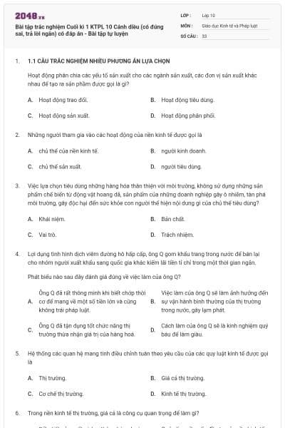 Bài tập trắc nghiệm Cuối kì 1 KTPL 10 Cánh diều (có đúng sai, trả lời ngắn) có đáp án - Bài tập tự luyện