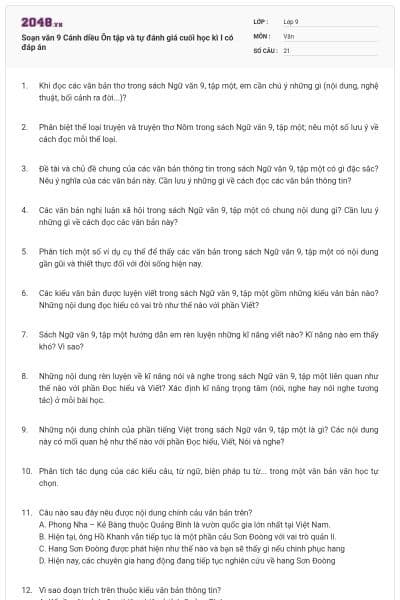 Soạn văn 9 Cánh diều Ôn tập và tự đánh giá cuối học kì I có đáp án