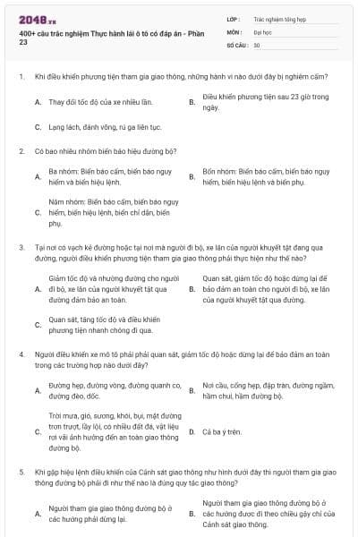 400+ câu trắc nghiệm Thực hành lái ô tô có đáp án - Phần 23
