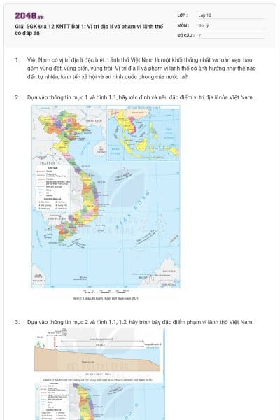 Giải SGK Địa 12 KNTT Bài 1: Vị trí địa lí và phạm vi lãnh thổ có đáp án