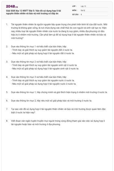 Giải SGK Địa 12 KNTT Bài 5: Vấn đề sử dụng hợp lí tài nguyên thiên nhiên và bảo vệ môi trường có đáp án