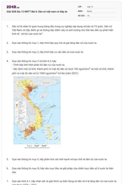 Giải SGK Địa 12 KNTT Bài 6:  Dân số việt nam có đáp án