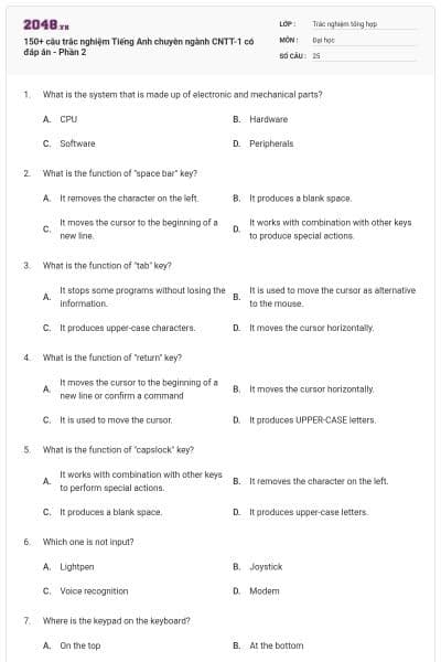 150+ câu trắc nghiệm Tiếng Anh chuyên ngành CNTT-1 có đáp án - Phần 2