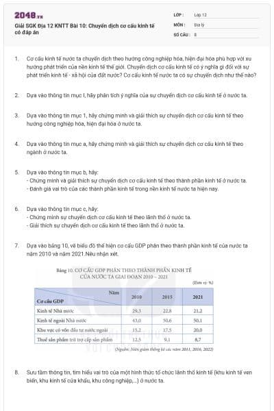 Giải SGK Địa 12 KNTT Bài 10: Chuyển dịch cơ cấu kinh tế có đáp án