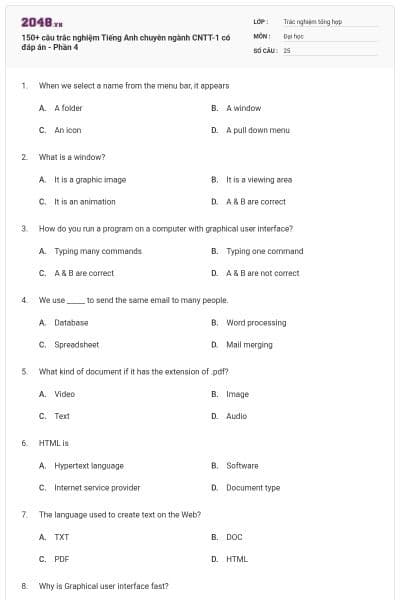 150+ câu trắc nghiệm Tiếng Anh chuyên ngành CNTT-1 có đáp án - Phần 4