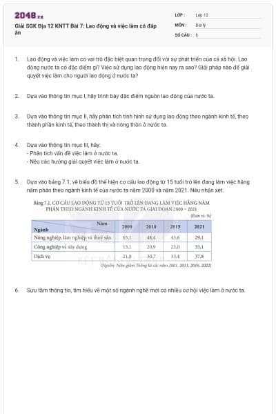 Giải SGK Địa 12 KNTT Bài 7: Lao động và việc làm có đáp án
