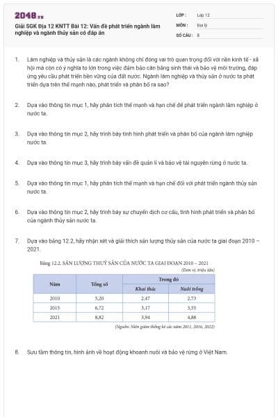 Giải SGK Địa 12 KNTT Bài 12:  Vấn đề phát triển ngành lâm nghiệp và ngành thủy sản có đáp án