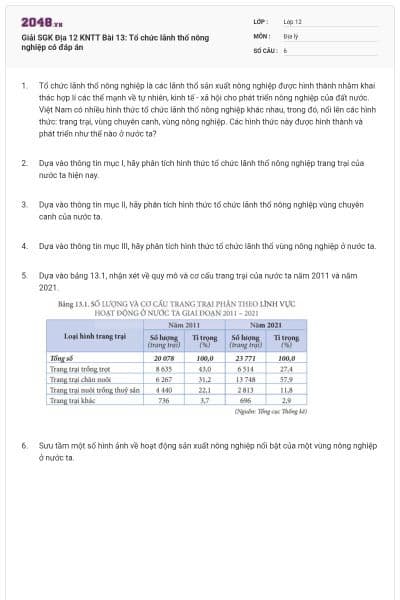 Giải SGK Địa 12 KNTT Bài 13:  Tổ chức lãnh thổ nông nghiệp có đáp án