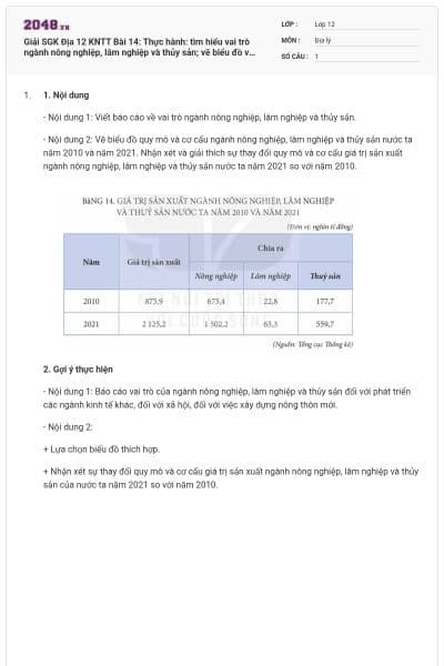 Giải SGK Địa 12 KNTT Bài 14:  Thực hành: tìm hiểu vai trò ngành nông nghiệp, lâm nghiệp và thủy sản; vẽ biểu đồ và nhận xét về ngành nông nghiệp, lâm nghiệp và thủy sản có đáp án