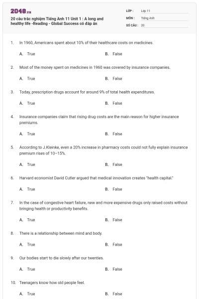 20 câu trắc nghiệm Tiếng Anh 11 Unit 1 : A long and healthy life -Reading - Global Success có đáp án