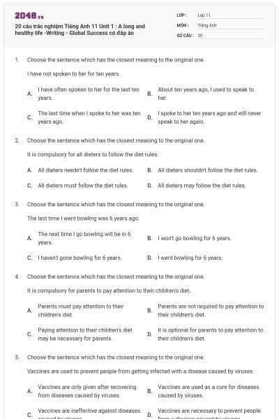 20 câu trắc nghiệm Tiếng Anh 11 Unit 1 : A long and healthy life -Writing - Global Success có đáp án