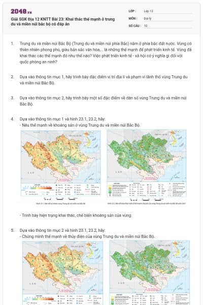 Giải SGK Địa 12 KNTT Bài 23: Khai thác thế mạnh ở trung du và miền núi bắc bộ có đáp án