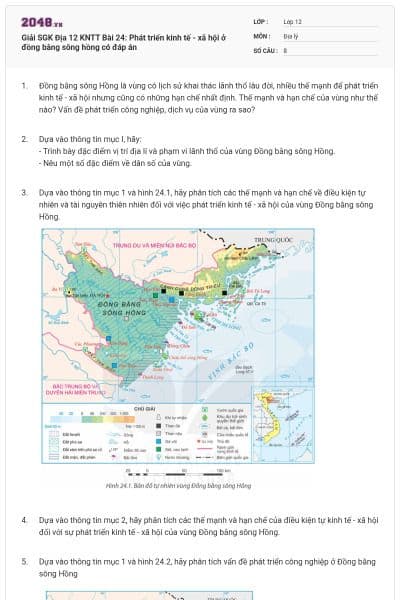 Giải SGK Địa 12 KNTT Bài 24: Phát triển kinh tế - xã hội ở đồng bằng sông hồng có đáp án