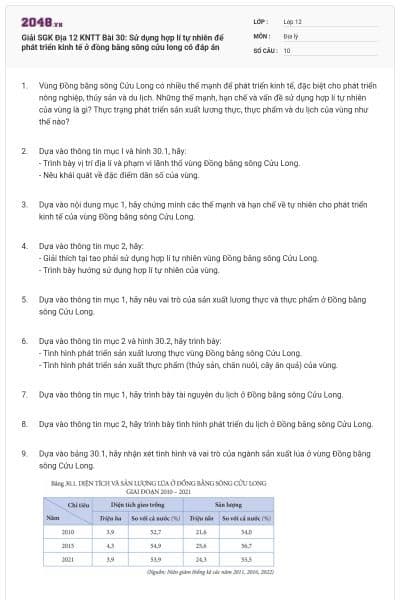 Giải SGK Địa 12 KNTT Bài 30: Sử dụng hợp lí tự nhiên để phát triển kinh tế ở đồng bằng sông cửu long có đáp án