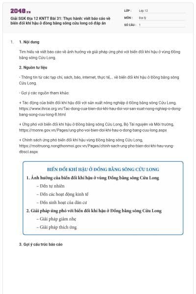 Giải SGK Địa 12 KNTT Bài 31: Thực hành: viết báo cáo về biến đổi khí hậu ở đồng bằng sông cửu long có đáp án