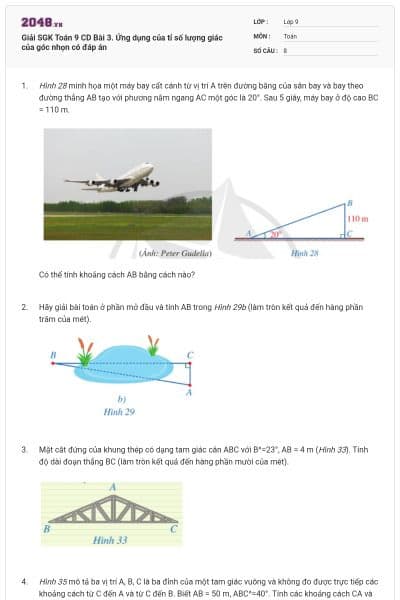 Giải SGK Toán 9 CD Bài 3. Ứng dụng của tỉ số lượng giác của góc nhọn có đáp án