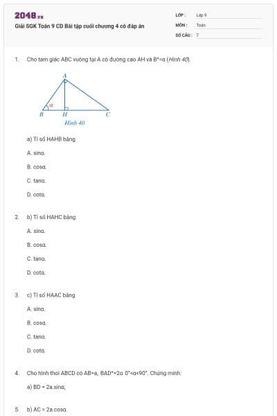 Giải SGK Toán 9 CD Bài tập cuối chương 4 có đáp án