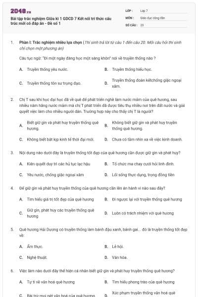 Bài tập trắc nghiệm Giữa kì 1 GDCD 7 Kết nối tri thức cấu trúc mới có đáp án - Đề số 1