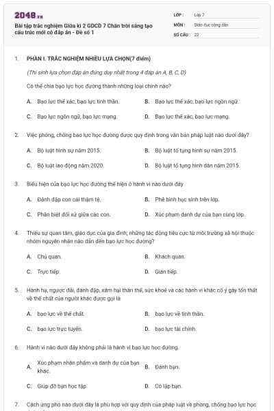 Bài tập trắc nghiệm Giữa kì 2 GDCD 7 Chân trời sáng tạo cấu trúc mới có đáp án - Đề số 1
