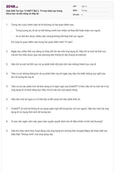 Giải SGK Tin học 12 KNTT Bài 2. Trí tuệ nhân tạo trong khoa học và đời sống có đáp án