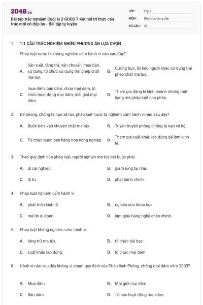 Bài tập trắc nghiệm Cuối kì 2 GDCD 7 Kết nối tri thức cấu trúc mới có đáp án - Bài tập tự luyện